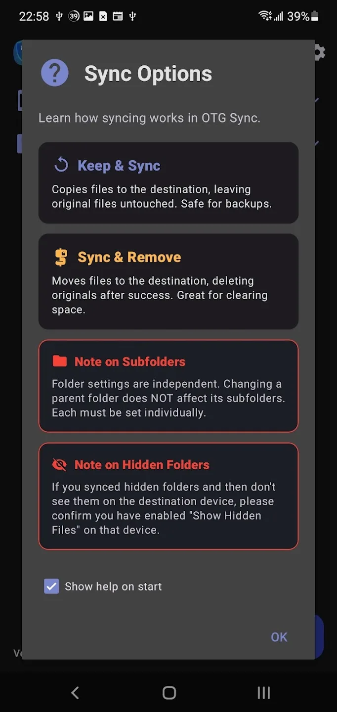 Sync Options guide explaining Keep and Sync, Sync and Remove, subfolders and hidden folders