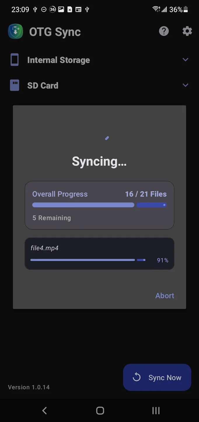 Sync in progress showing 16 of 21 files and the current file at 91 percent