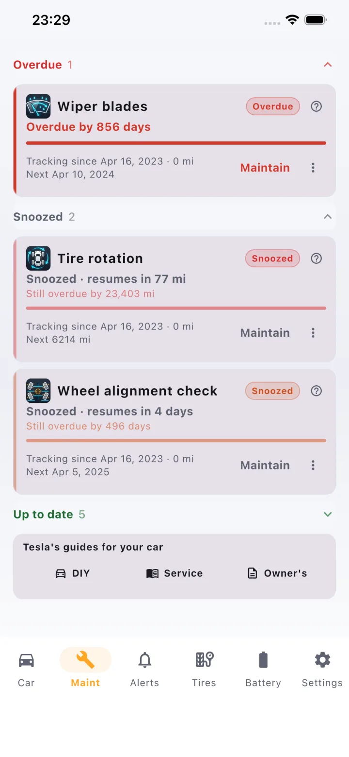 Maintenance list with wiper blades overdue and tire rotation and wheel alignment snoozed