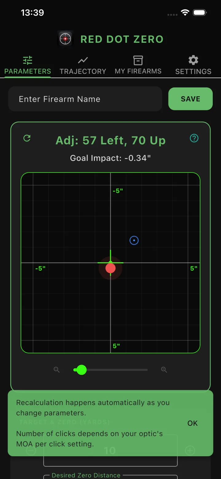 Target grid showing the goal impact and the adjustment 57 Left, 70 Up