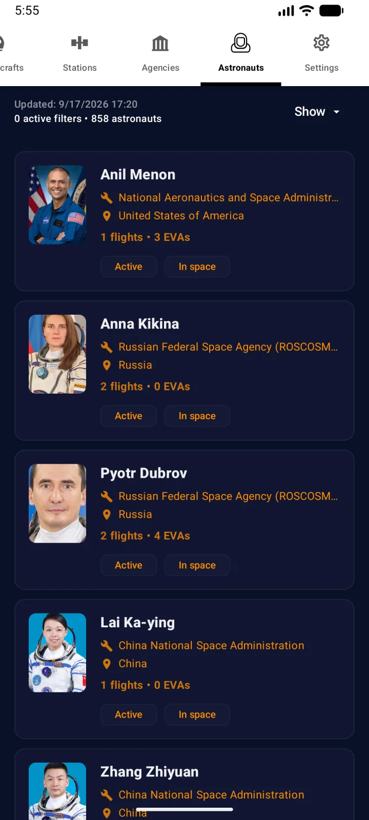 List of astronauts currently in space with flights and EVAs