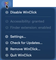 WinClick menu bar menu with Disable, status, Settings, Check for Updates, Remove WinClick and Quit