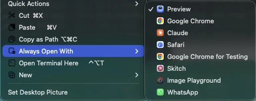 Always Open With submenu listing apps