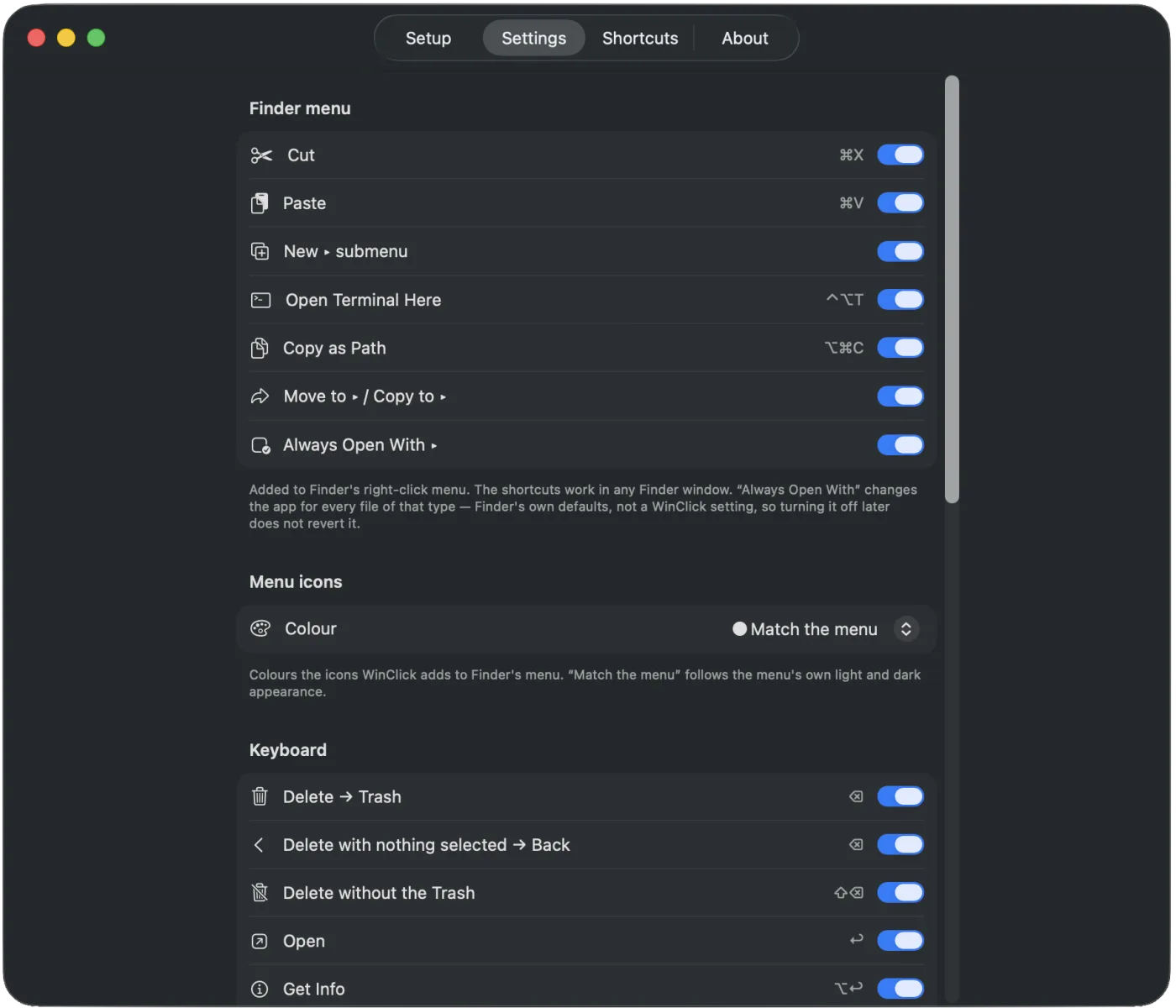 WinClick settings for Finder menu items, including Move to and Copy to, menu icon colour and keyboard shortcuts