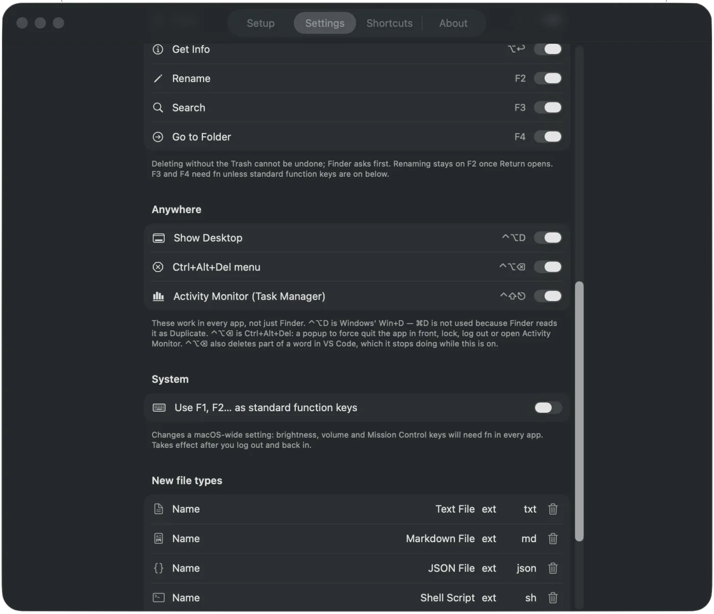 WinClick settings for Show Desktop, the Ctrl+Alt+Del menu, Activity Monitor, function keys and new file types