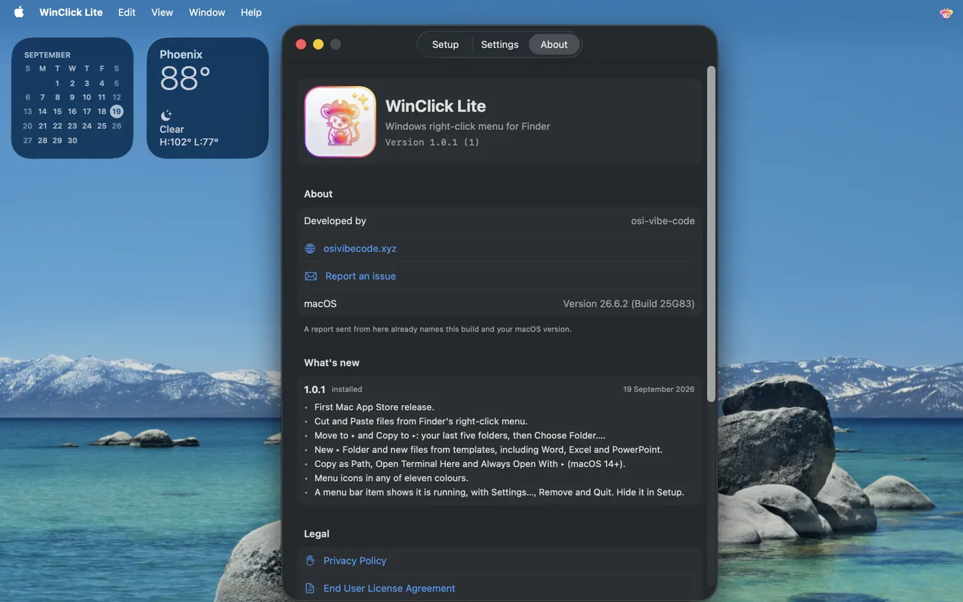 WinClick Lite About tab showing version 1.0.1 and the release notes