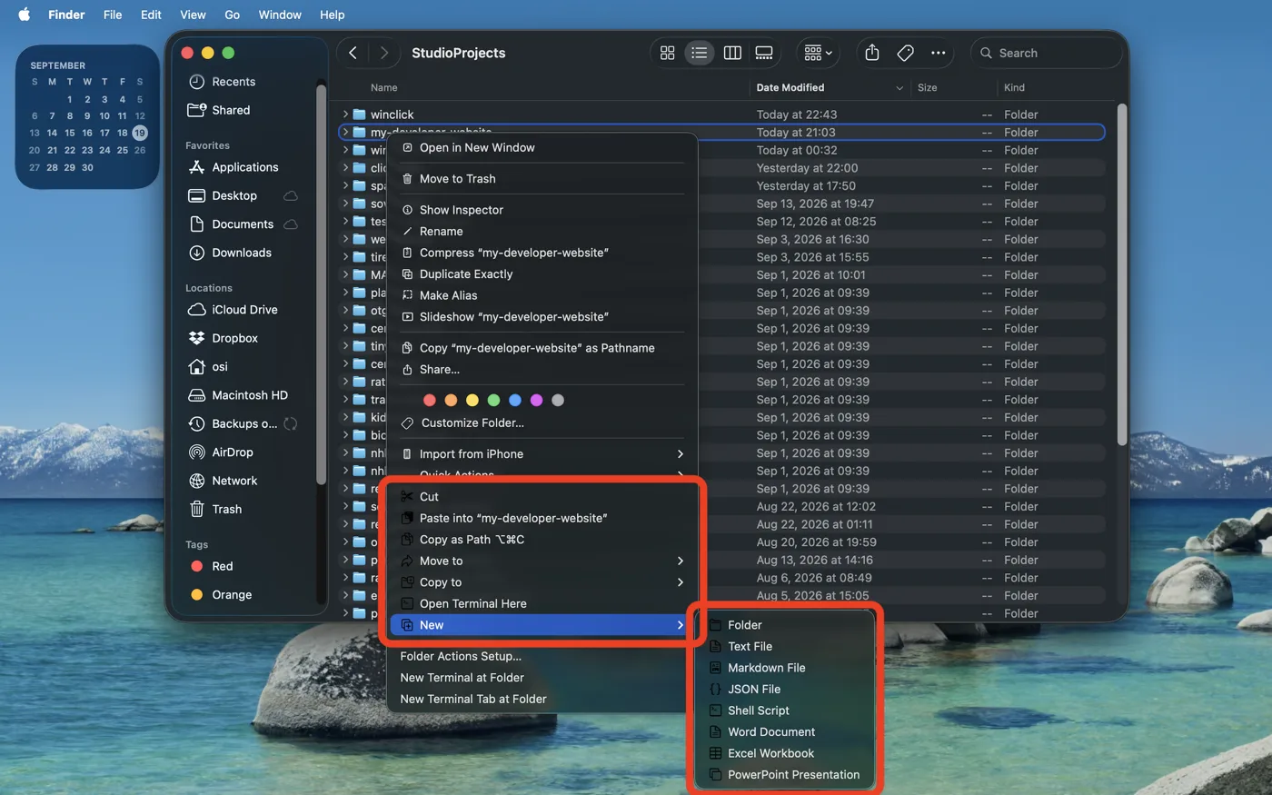Finder right-click menu showing Cut, Paste, Copy as Path, Move to, Copy to, Open Terminal Here and the open New submenu