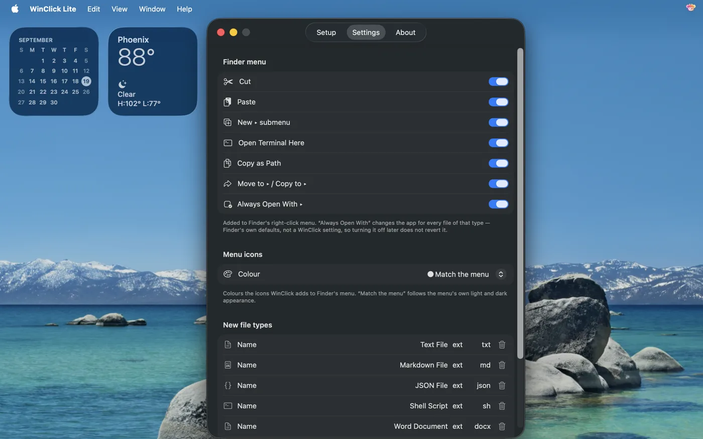WinClick Lite Settings tab with a switch per menu item, the menu icon colour picker and the New file types list