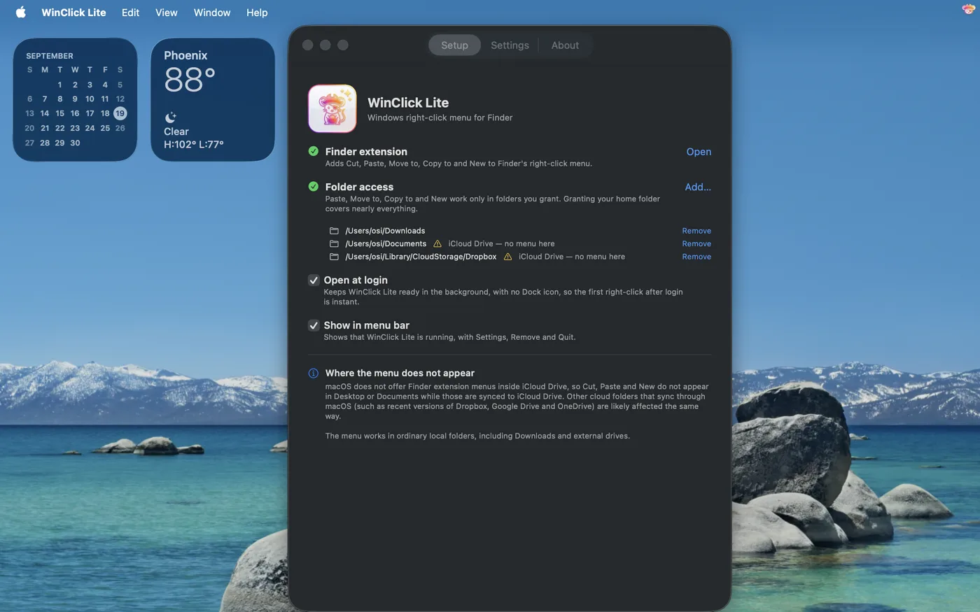 WinClick Lite Setup tab with the Finder extension enabled and three granted folders listed
